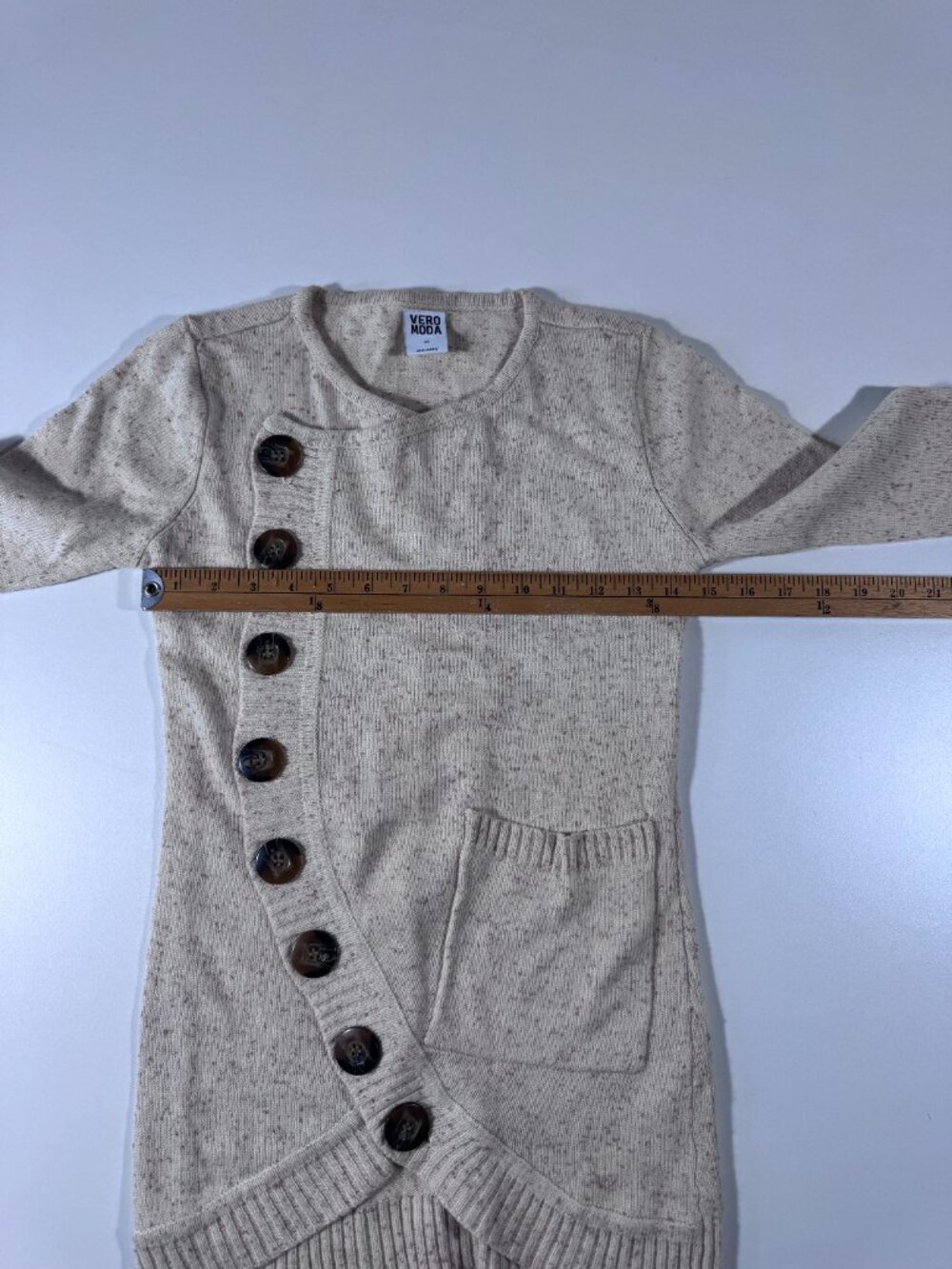 Vero Moda Oatmeal Speckled Button Cardigan Sweater w/ Elbow Patches XS - Picture 5 of 10